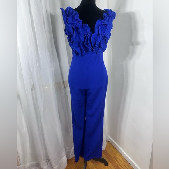 Pants - Elegant Blue Ruffled Jumpsuit